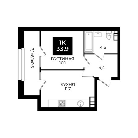 Планировка 1-комн 33,9 м²