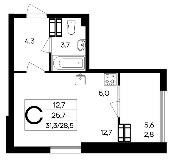 Планировка 1-комн 31,3 м²