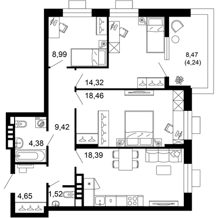 Планировка 3-комн 84,37 м²