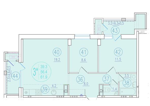 Планировка 3-комн 61,9, 62,3 м²