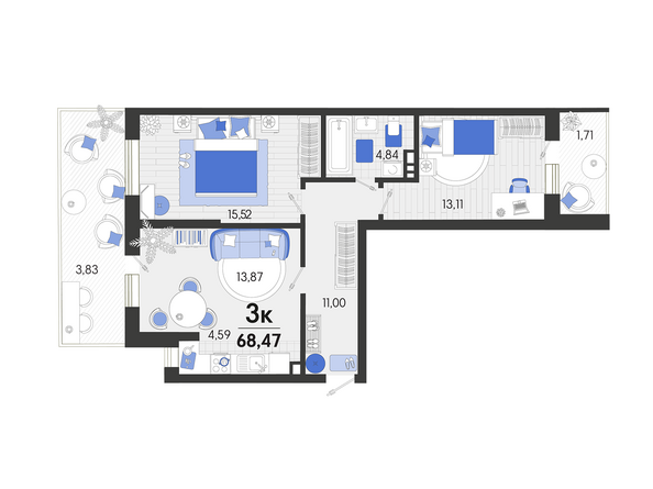 Планировка 3-комн 68,47 м²