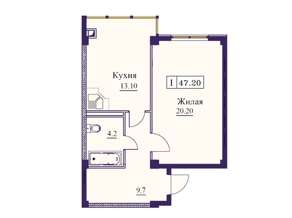 Планировка 1-комн 46,9, 47,2 м²