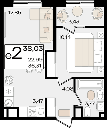 Планировка 2-комн 38,03 м²