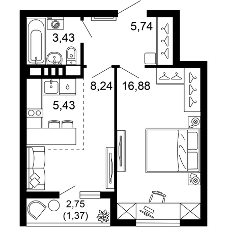 Планировка 2-комн 41,09 м²