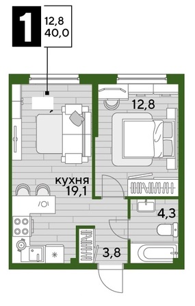 Планировка 1-комн 40 м²