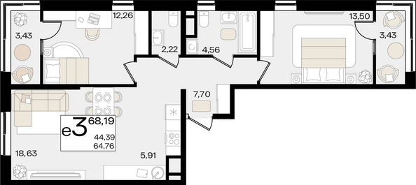 Планировка 3-комн 68,19 м²