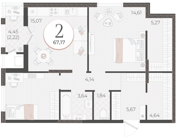 Планировка 2-комн 67,17 м²
