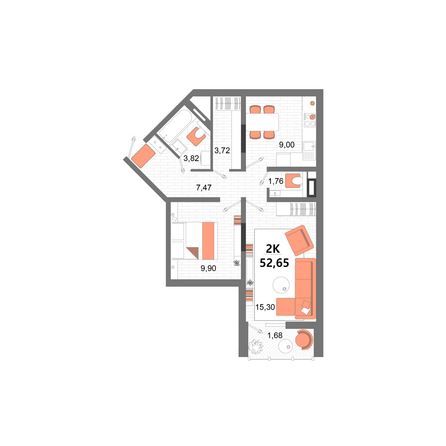 Планировка 2-комн 52,65 м²