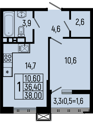 Планировка 1-комн 38, 38,5 м²
