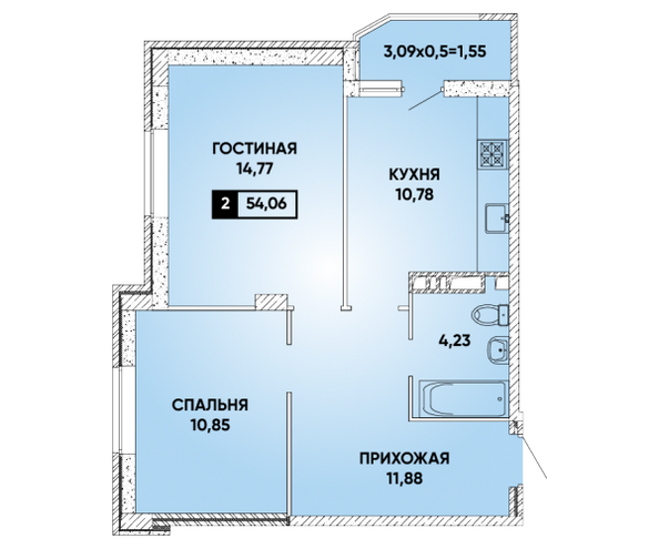 Планировка 2-комн 54,06 м²
