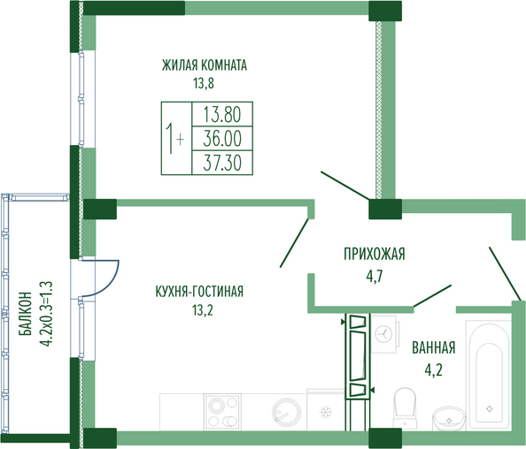 Планировка 1-комн 37,3 м²