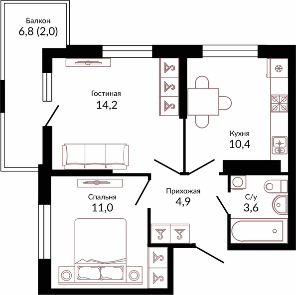 Планировка 2-комн 46,1 м²