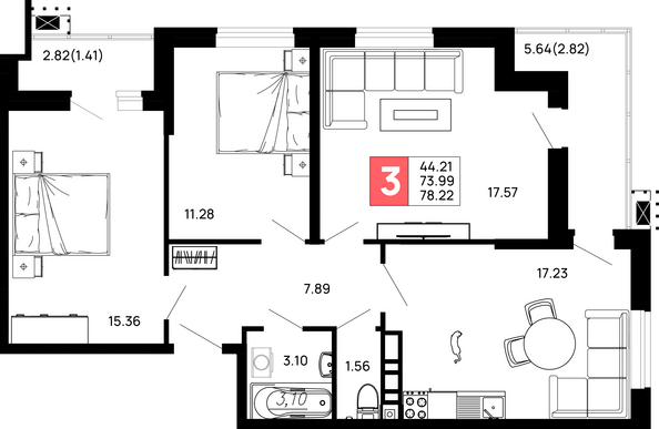 Планировка 3-комн 78,22 м²