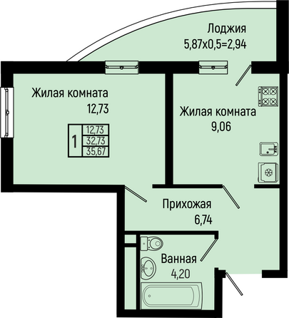 Планировка 1-комн 35,67 м²