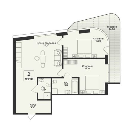 Планировка 2-комн 89,7 м²