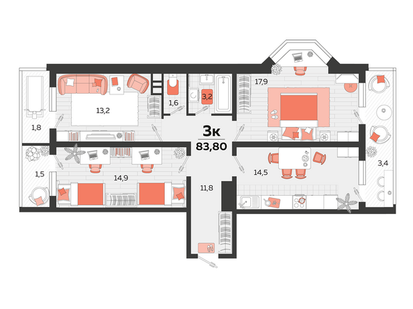 Планировка 3-комн 83,2, 83,8 м²