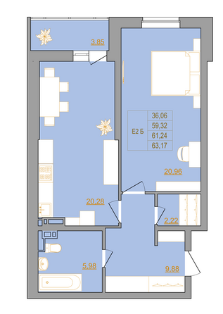 Планировка 2-комн 62,68 м²