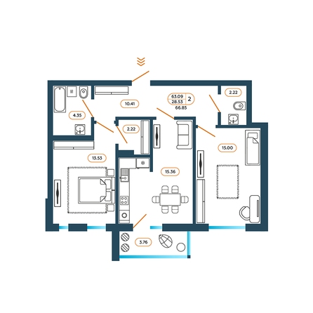 Планировка 2-комн 66,85 м²