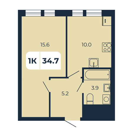 Планировка 1-комн 34,7 м²