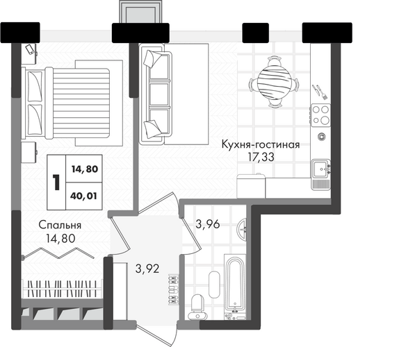 Планировка 1-комн 40,01 м²