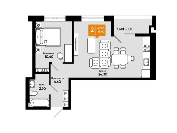 Планировка 2-комн 45 м²