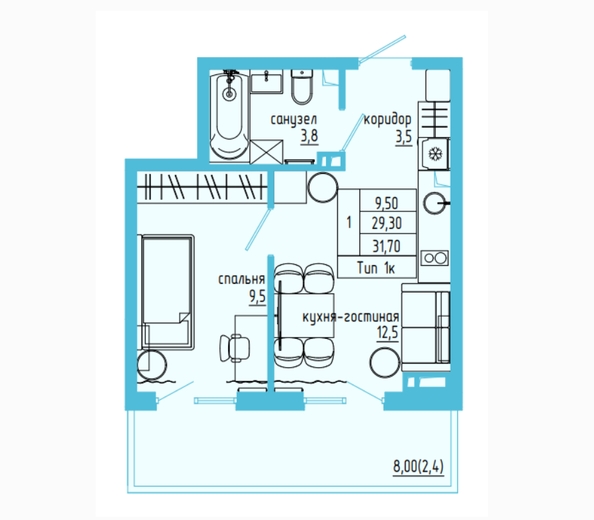 Планировка Студия 31,7 м²