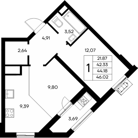Планировка 1-комн 46,02 - 50,48 м²