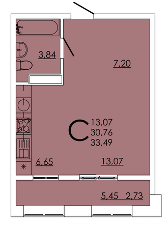 Планировка Студия 33,49 м²