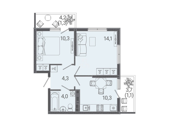 Планировка 2-комн 45,4 м²