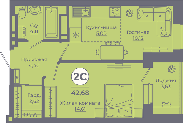 Планировка 2-комн 42,38 - 42,68 м²