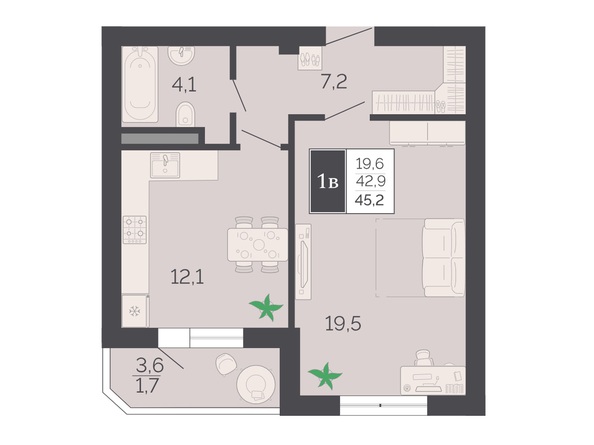 Планировка 1-комн 45,2 м²