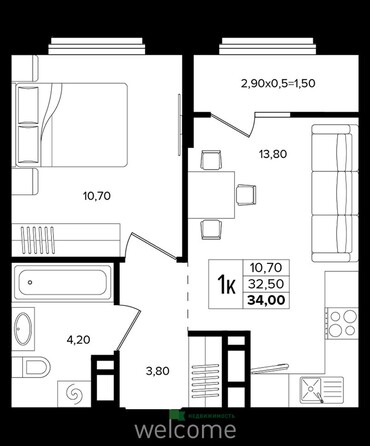 Планировка 1-комн 34 м²