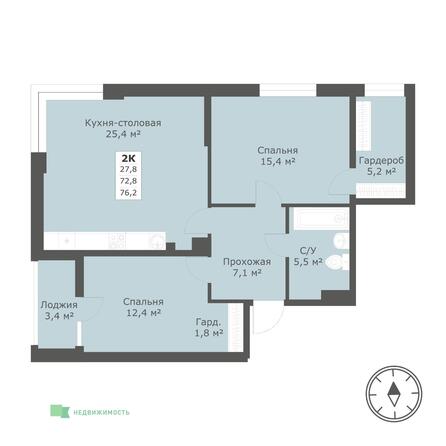 Планировка 2-комн 76,2 м²