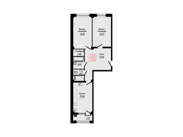 Планировка 2-комн 74,76 м²