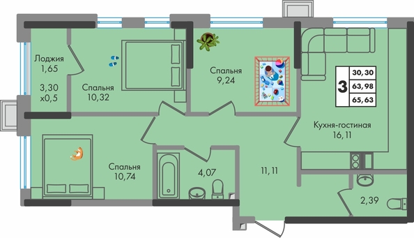 Планировка 3-комн 65,63 м²