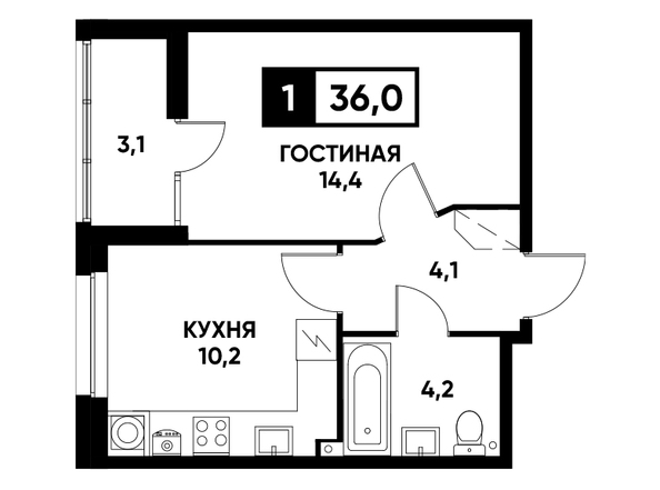 Планировка 1-комн 36 м²