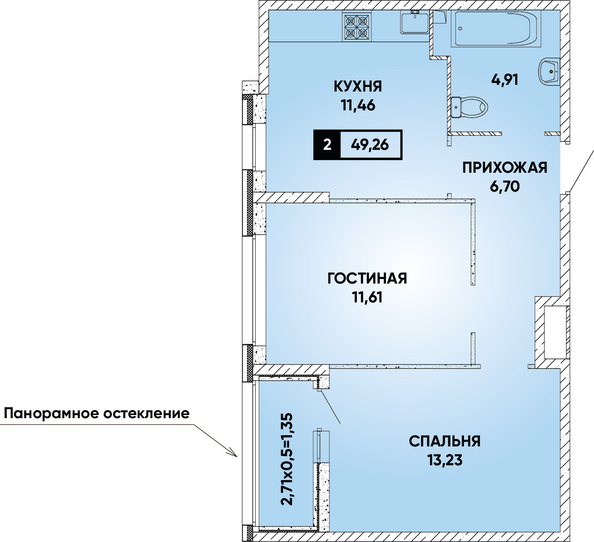 Планировка 2-комн 49,26 м²