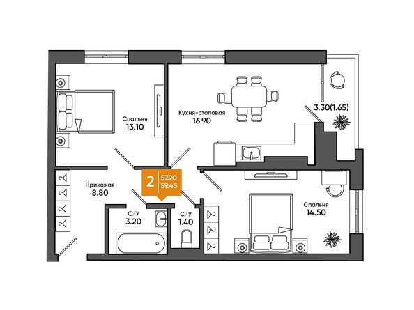 Планировка 2-комн 59,45 м²