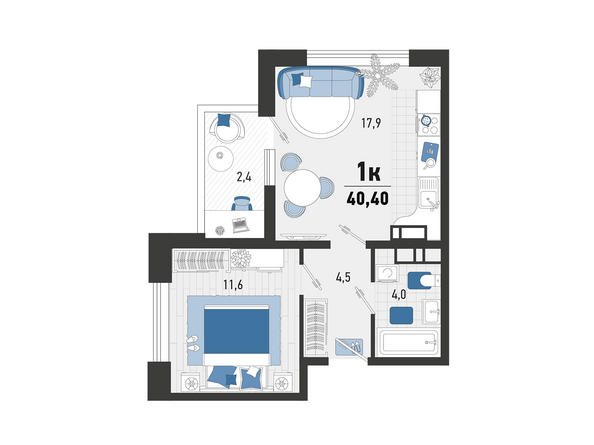 Планировка 1-комн 40,4 м²