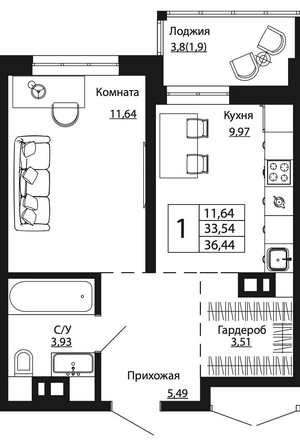 Планировка 1-комн 36,44 м²