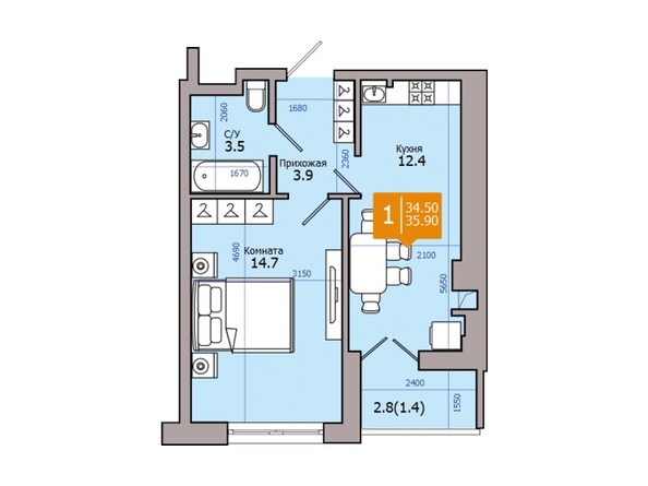 Планировка 1-комн 35,9 м²