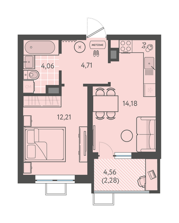 Планировка 1-комн 37,44 м²
