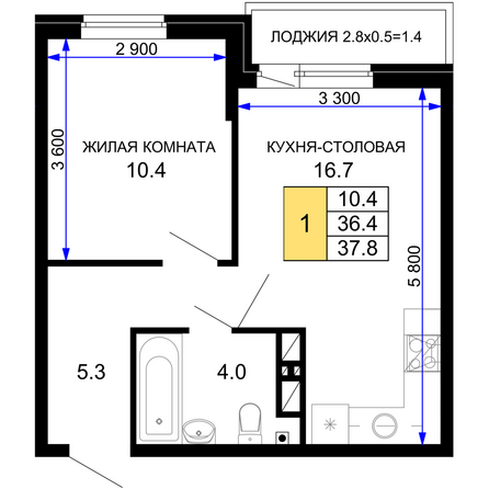 Планировка 1-комн 37,8 м²