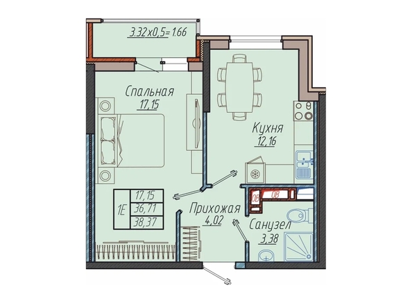 Планировка 1-комн 38,37 м²