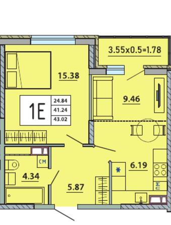 Планировка 1-комн 43,02 м²