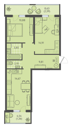 Планировка 2-комн 60,13, 60,23 м²