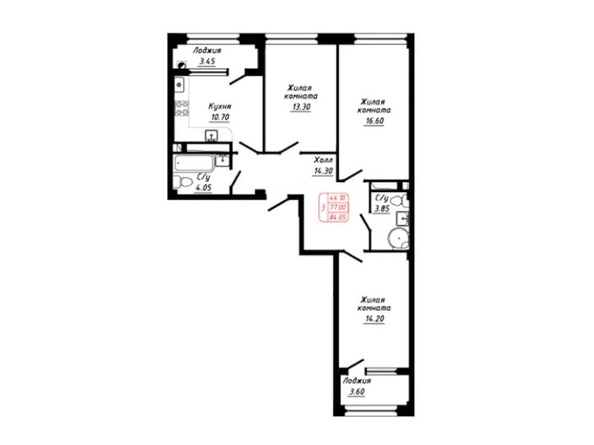 Планировка 3-комн 84,05, 84,6 м²