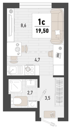 Планировка 1-комн 19,5 м²