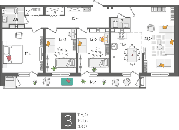 Планировка 3-комн 116 м²