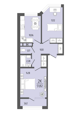 Планировка 2-комн 51,82 м²